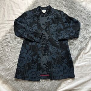 Molly and Maxx Floral Black, Navy and Blue Women's Brocade Coat Petite Medium